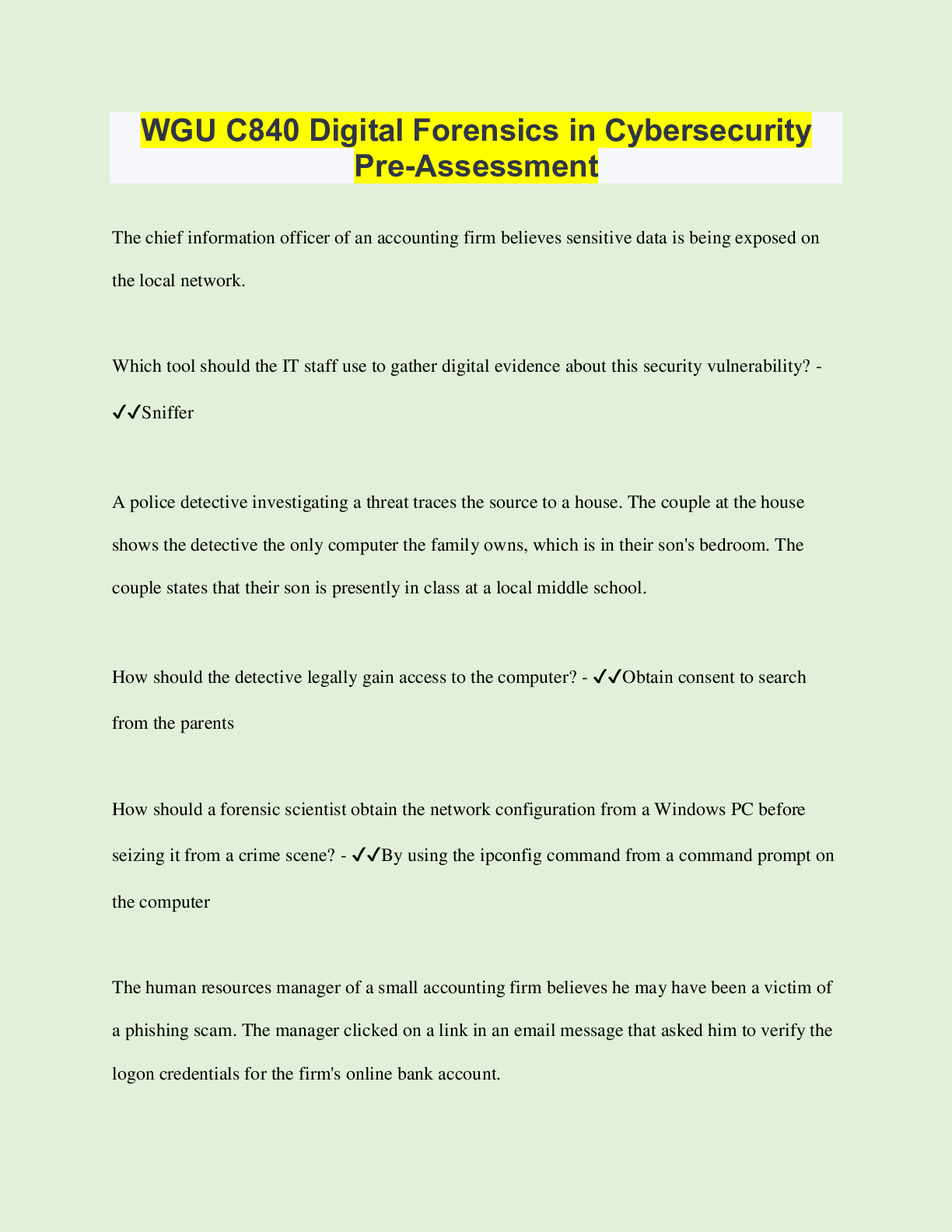 Preview of WGU C840 Digital Forensics in Cybersecurity Pre-Assessment  | 50 Questions with 100% Corre